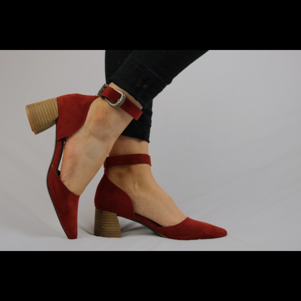 Red Kitten Heels with Sliver Buckle Strap.